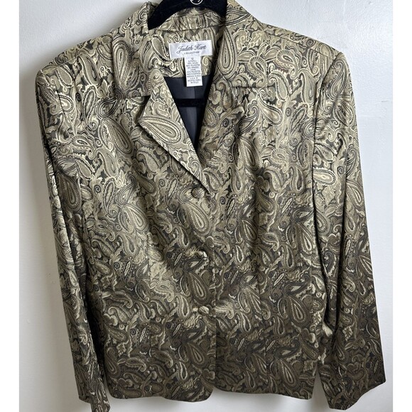 Judith Hart Womens Gold Metallic Paisley Print Lined Blazer Jacket Size 12 - Picture 1 of 12